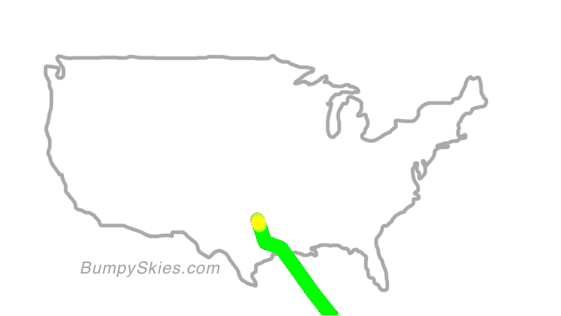 Map of continental US with illustrated flight path and turbulence forecast (described in text below)