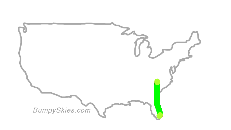 Map of continental US with illustrated flight path and turbulence forecast (described in text below)