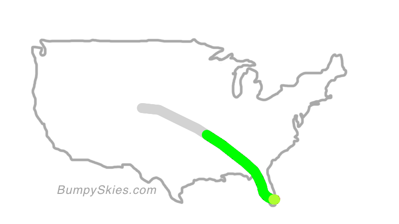 Map of continental US with illustrated flight path and turbulence forecast (described in text below)