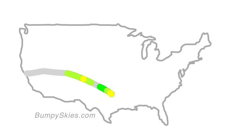 Map of continental US with illustrated flight path and turbulence forecast (described in text below)