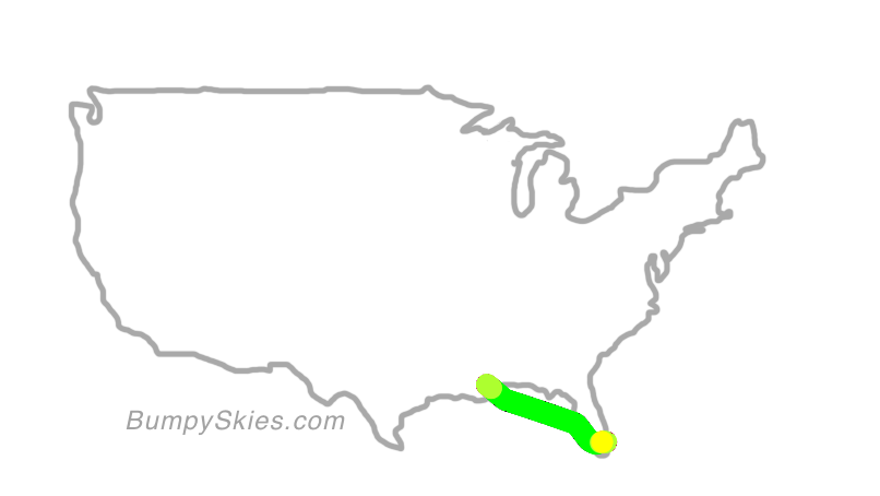 Map of continental US with illustrated flight path and turbulence forecast (described in text below)