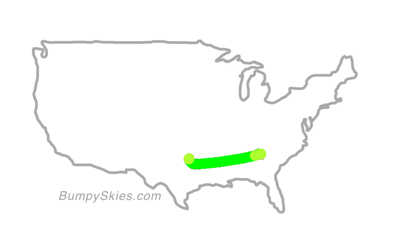 Map of continental US with illustrated flight path and turbulence forecast (described in text below)
