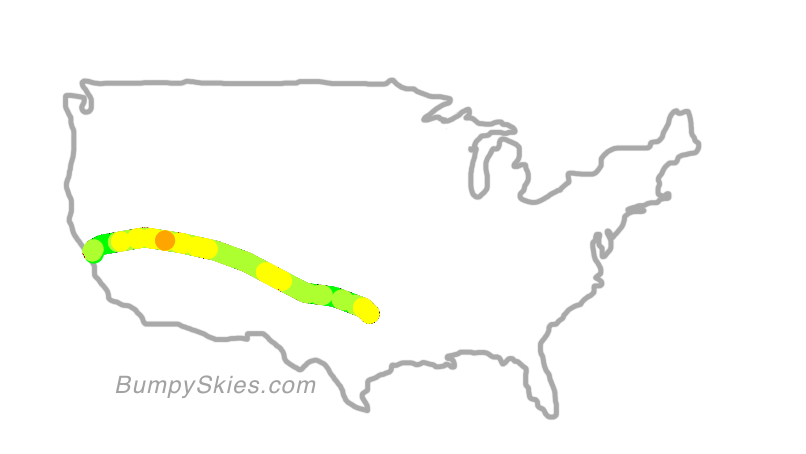 Map of continental US with illustrated flight path and turbulence forecast (described in text below)