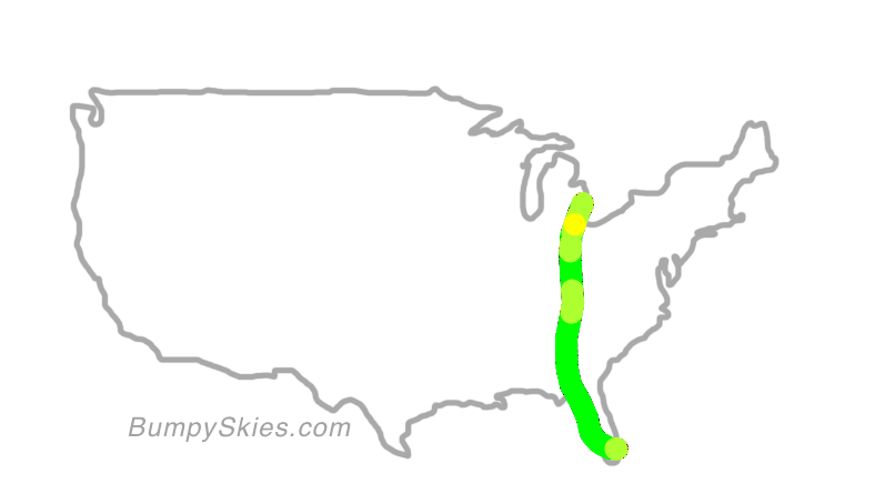 Map of continental US with illustrated flight path and turbulence forecast (described in text below)