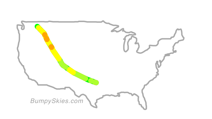 Map of continental US with illustrated flight path and turbulence forecast (described in text below)
