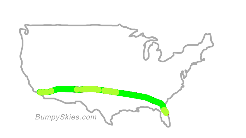 Map of continental US with illustrated flight path and turbulence forecast (described in text below)