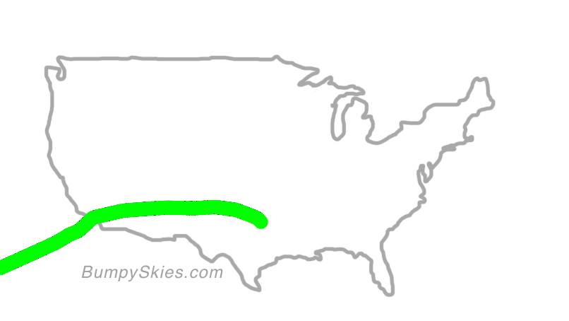 Map of continental US with illustrated flight path and turbulence forecast (described in text below)