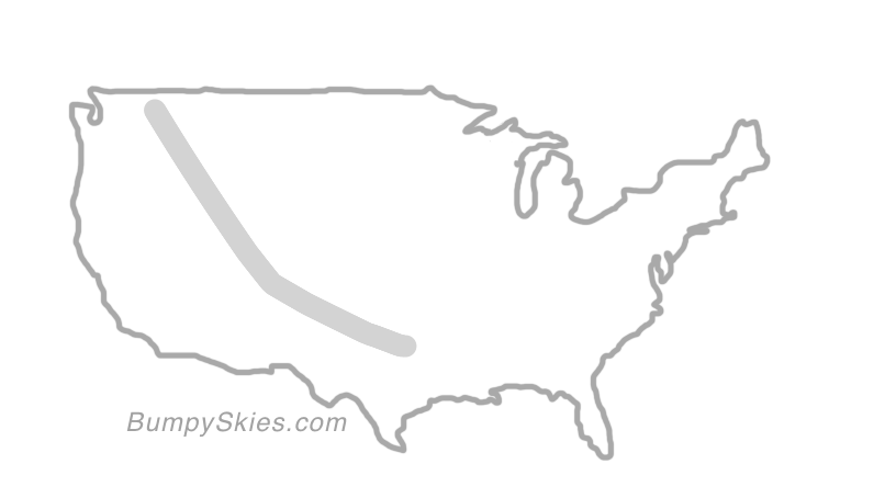 Map of continental US with illustrated flight path and turbulence forecast (described in text below)