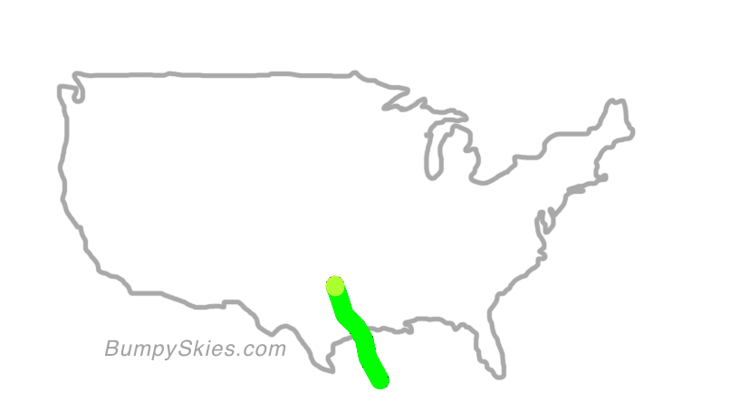 Map of continental US with illustrated flight path and turbulence forecast (described in text below)