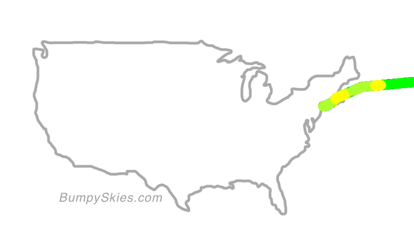 Map of continental US with illustrated flight path and turbulence forecast (described in text below)