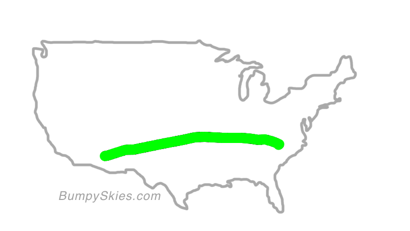 Map of continental US with illustrated flight path and turbulence forecast (described in text below)