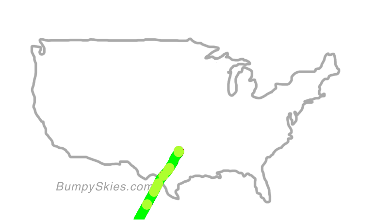 Map of continental US with illustrated flight path and turbulence forecast (described in text below)