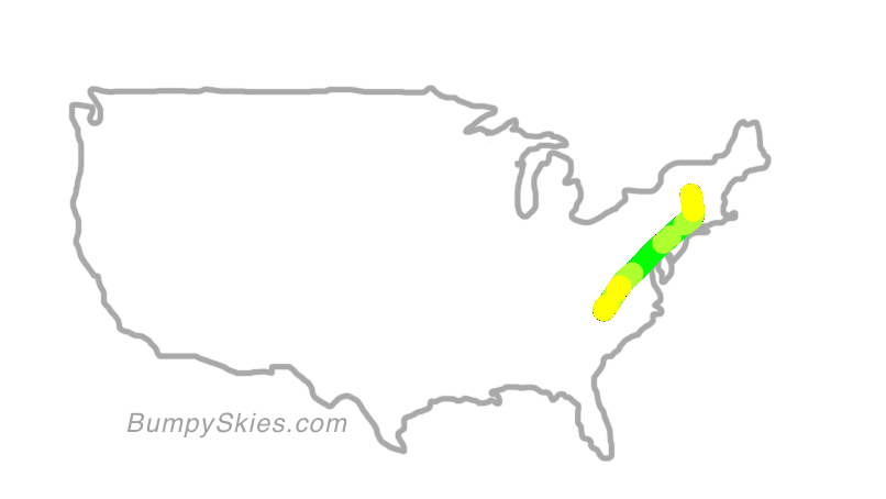 Map of continental US with illustrated flight path and turbulence forecast (described in text below)