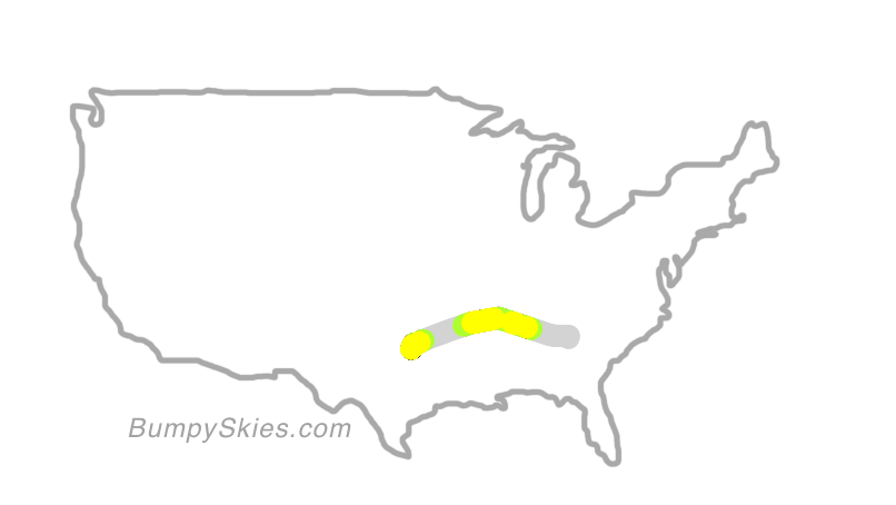 Map of continental US with illustrated flight path and turbulence forecast (described in text below)