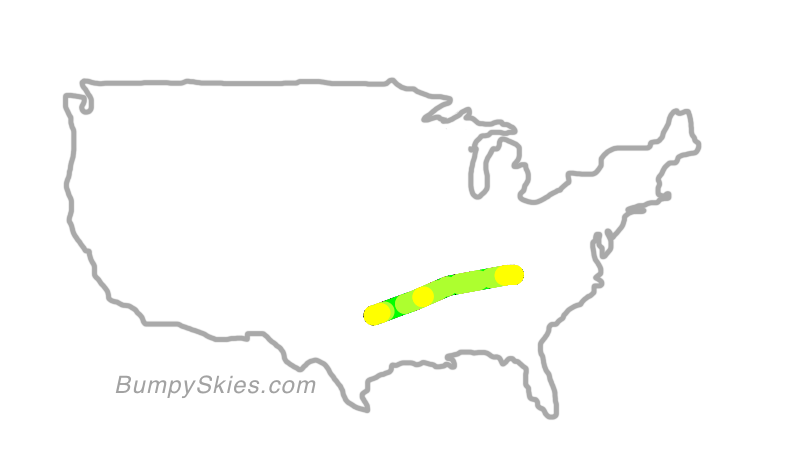 Map of continental US with illustrated flight path and turbulence forecast (described in text below)