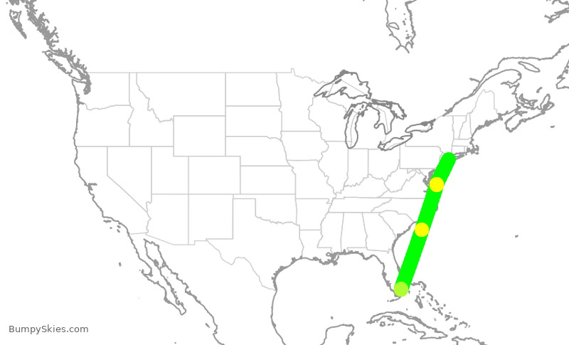 Turbulence forecast map for AAL1052, MIA to JFK