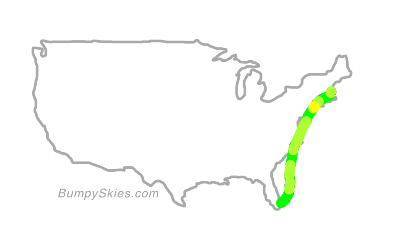 Map of continental US with illustrated flight path and turbulence forecast (described in text below)