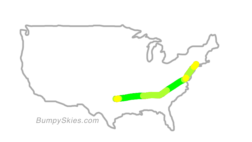 Map of continental US with illustrated flight path and turbulence forecast (described in text below)