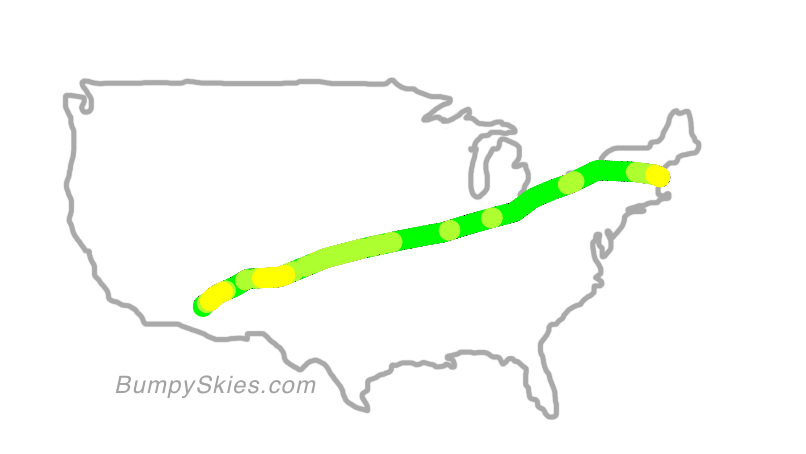 Map of continental US with illustrated flight path and turbulence forecast (described in text below)