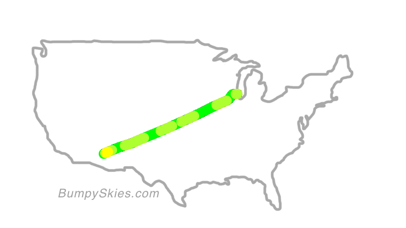 Map of continental US with illustrated flight path and turbulence forecast (described in text below)