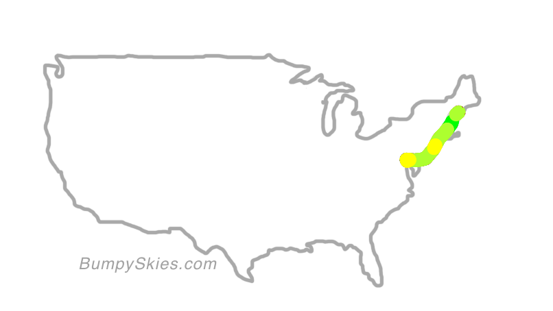 Map of continental US with illustrated flight path and turbulence forecast (described in text below)