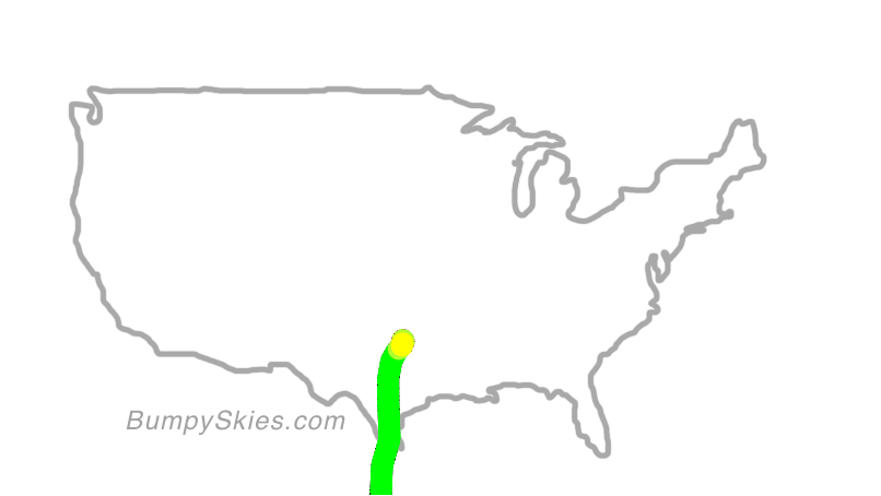 Map of continental US with illustrated flight path and turbulence forecast (described in text below)