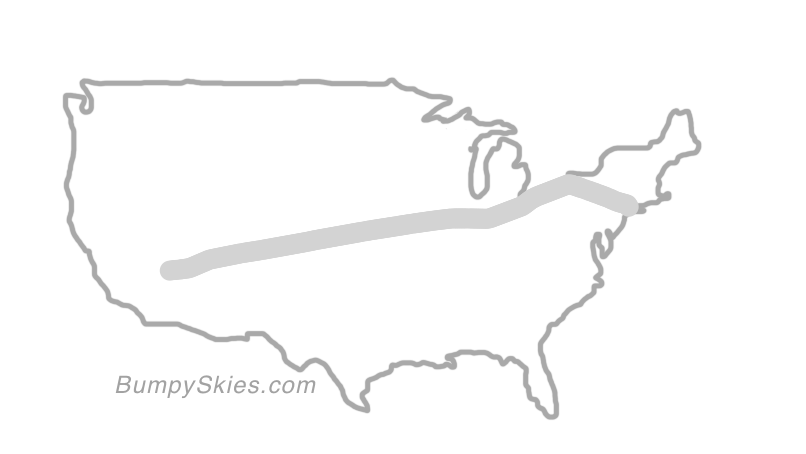 Map of continental US with illustrated flight path and turbulence forecast (described in text below)