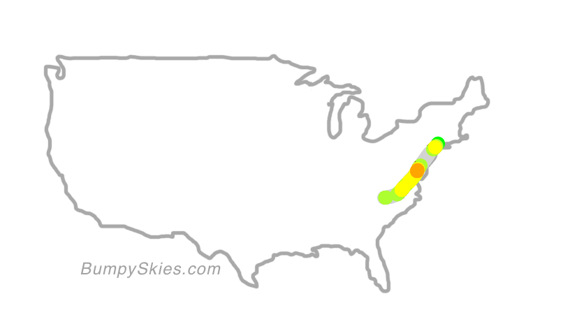 Map of continental US with illustrated flight path and turbulence forecast (described in text below)