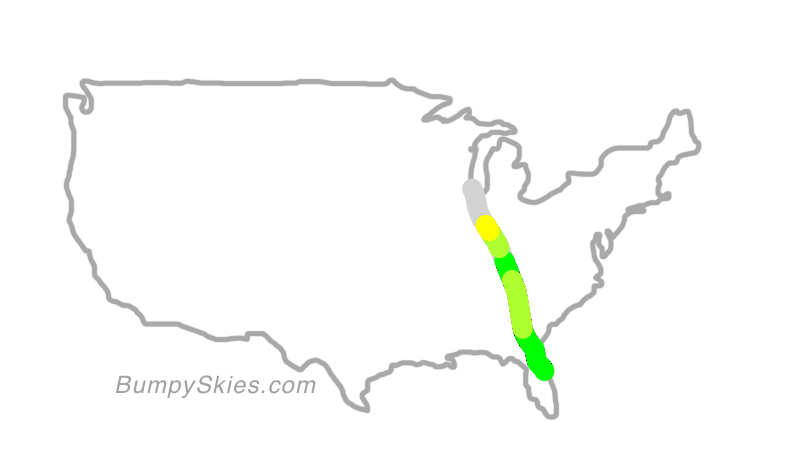 Map of continental US with illustrated flight path and turbulence forecast (described in text below)
