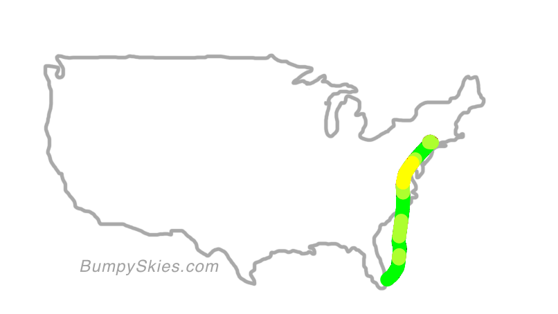 Map of continental US with illustrated flight path and turbulence forecast (described in text below)