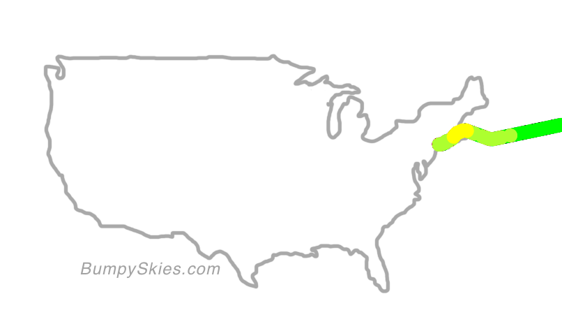 Map of continental US with illustrated flight path and turbulence forecast (described in text below)