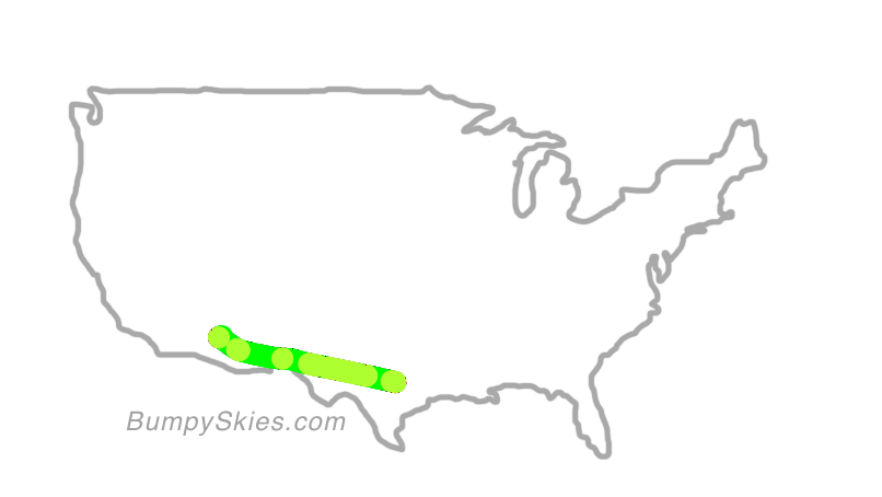 Map of continental US with illustrated flight path and turbulence forecast (described in text below)