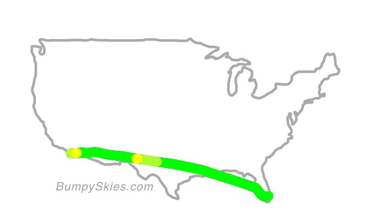 Map of continental US with illustrated flight path and turbulence forecast (described in text below)