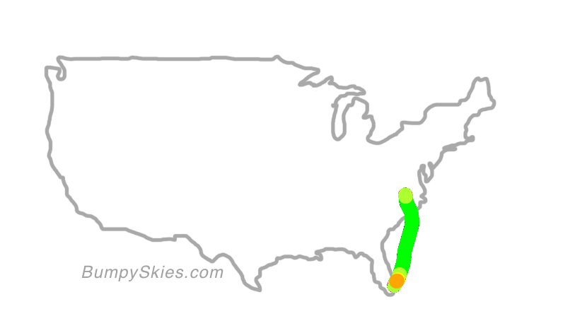 Map of continental US with illustrated flight path and turbulence forecast (described in text below)