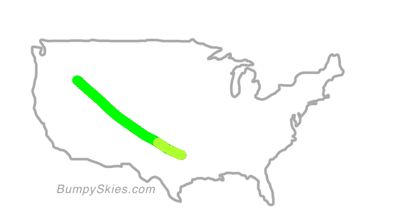 Map of continental US with illustrated flight path and turbulence forecast (described in text below)