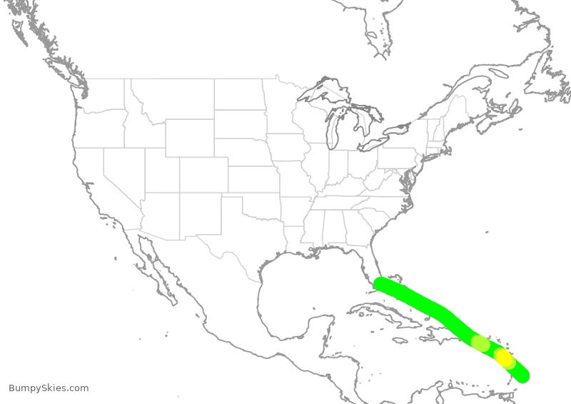 Turbulence forecast map for AAL1089, MIA to BGI