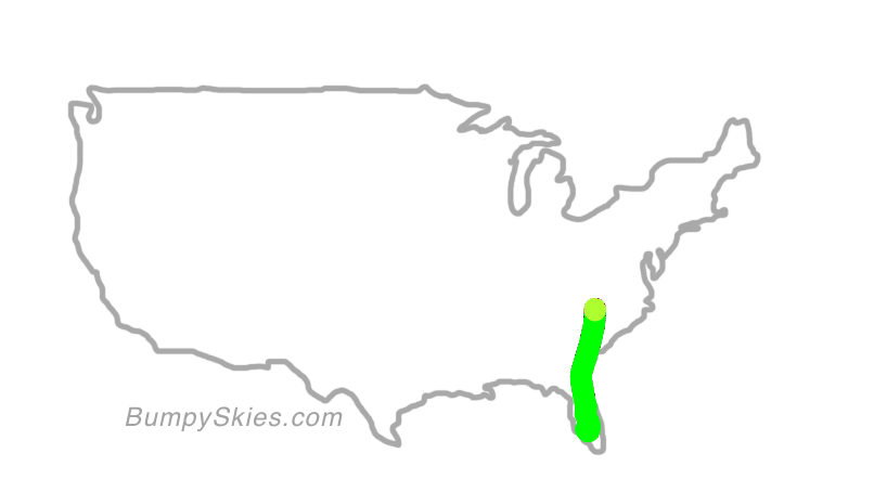 Map of continental US with illustrated flight path and turbulence forecast (described in text below)