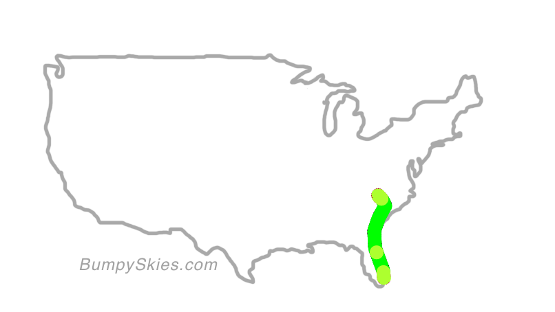 Map of continental US with illustrated flight path and turbulence forecast (described in text below)
