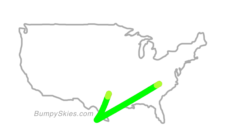 Map of continental US with illustrated flight path and turbulence forecast (described in text below)