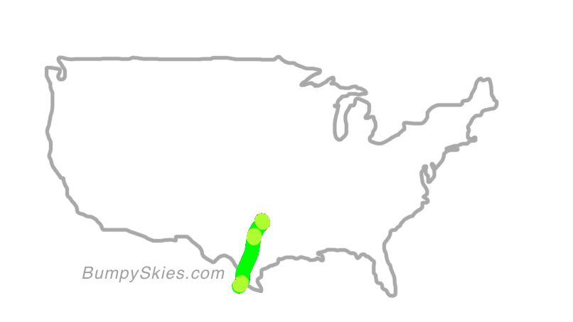 Map of continental US with illustrated flight path and turbulence forecast (described in text below)
