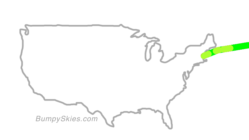 Map of continental US with illustrated flight path and turbulence forecast (described in text below)