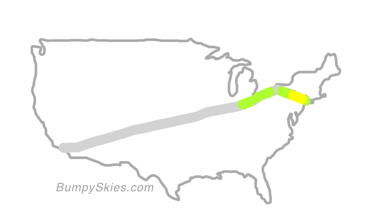 Map of continental US with illustrated flight path and turbulence forecast (described in text below)