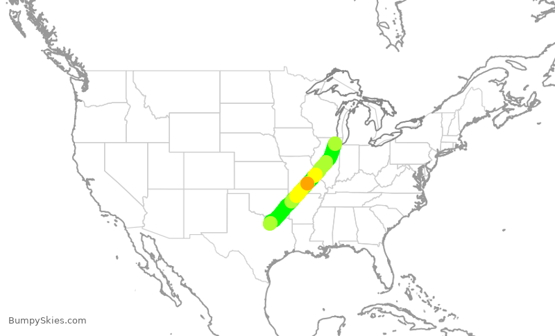 Turbulence forecast map for AAL1106, ORD to DFW