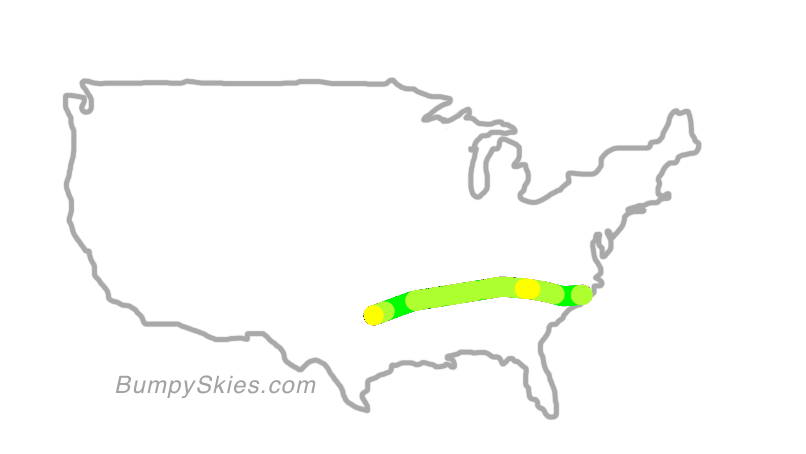 Map of continental US with illustrated flight path and turbulence forecast (described in text below)