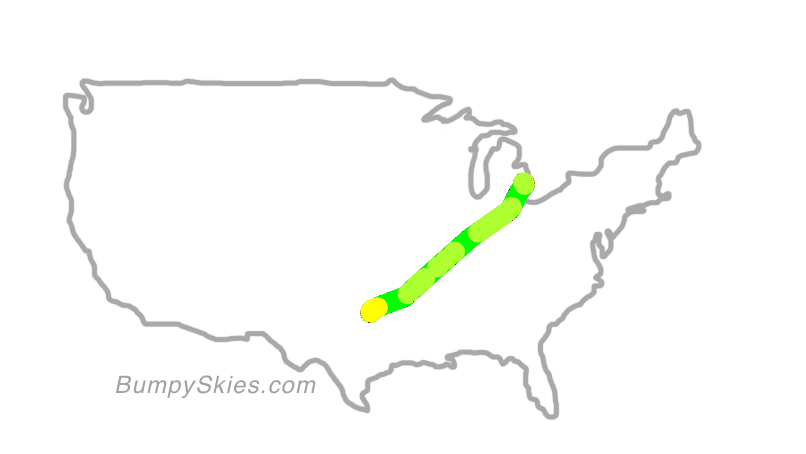 Map of continental US with illustrated flight path and turbulence forecast (described in text below)