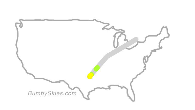 Map of continental US with illustrated flight path and turbulence forecast (described in text below)