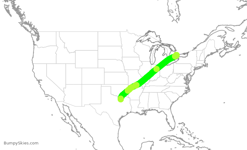 Turbulence forecast map for AAL1111, DFW to YYZ