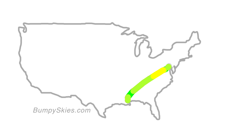 Map of continental US with illustrated flight path and turbulence forecast (described in text below)