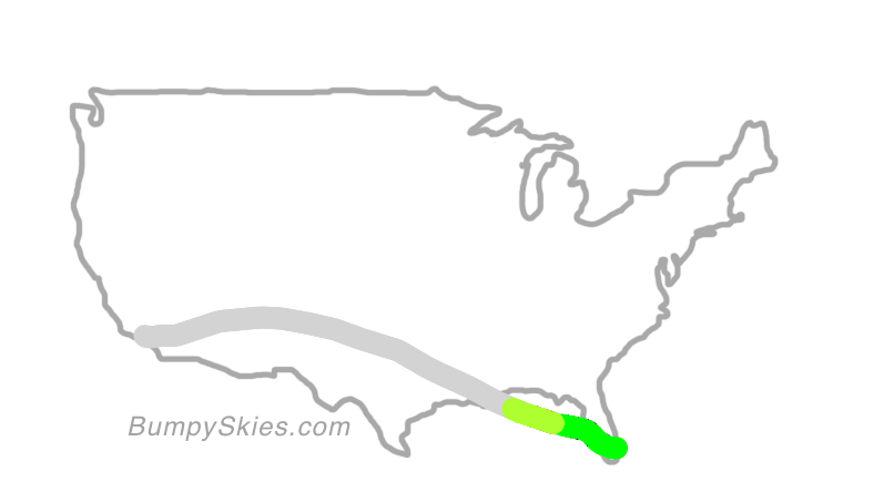 Map of continental US with illustrated flight path and turbulence forecast (described in text below)