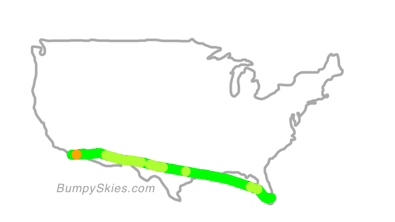 Map of continental US with illustrated flight path and turbulence forecast (described in text below)